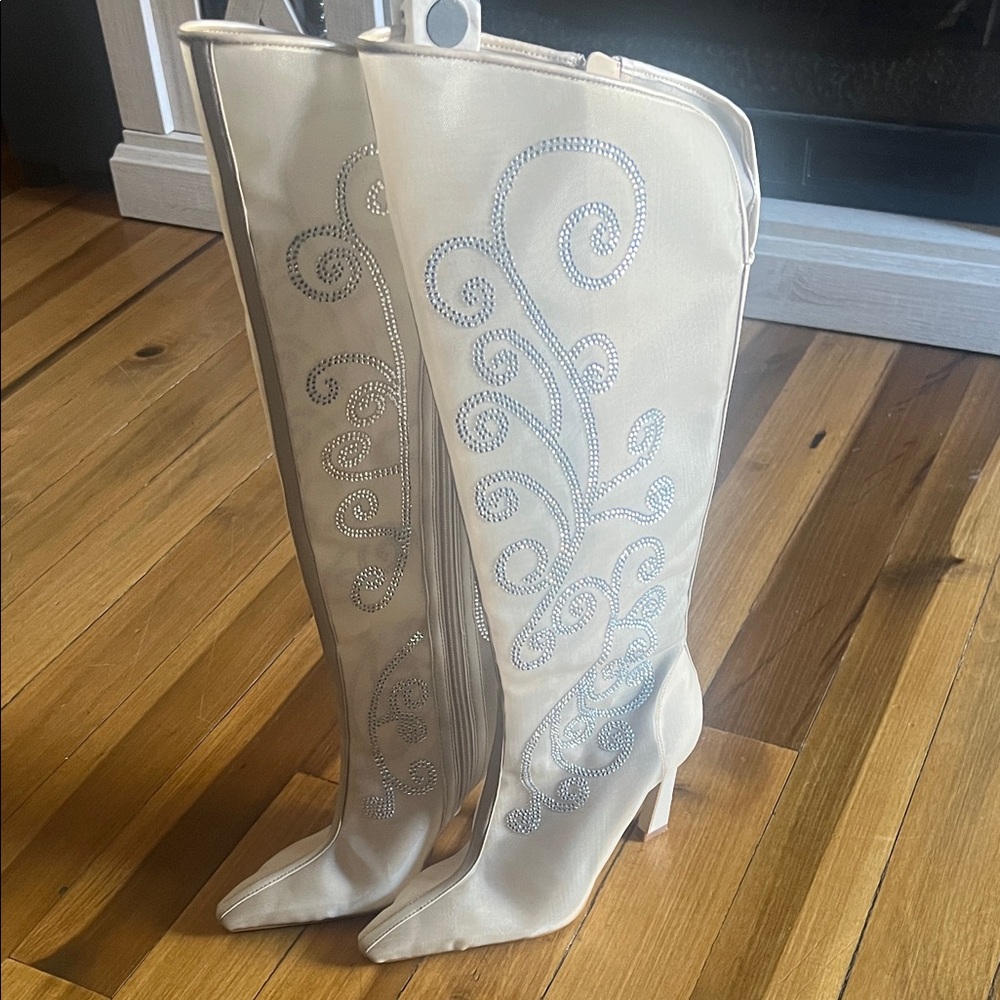 Gianni Bini Cream Heeled Boots with Silver Embellishments